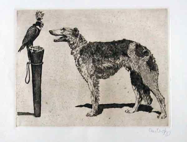 1925 Drypoint Etching "Hunting Friends" from Portfolio "Hundepack", by German graphic artist Paul Casberg.